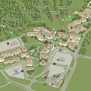 A map of different locations in Teton Village, WY.