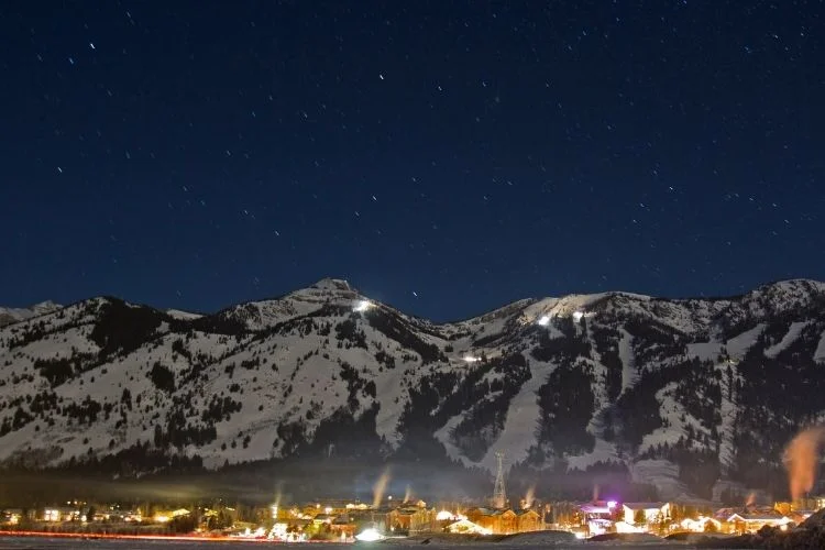 Ski slopes at night behind Teton Village, WY.